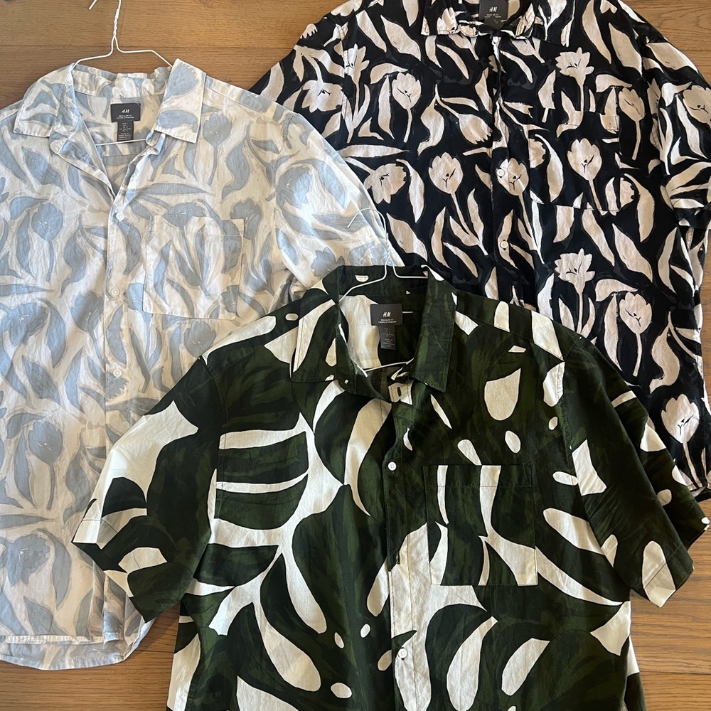 H&M Men's Casual Button Down Shirts - Black, White, Green